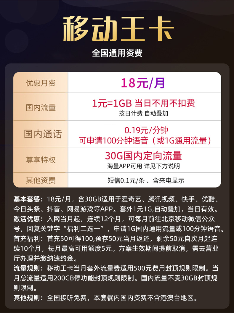 品牌: 全球通 手机卡类型: 三合一卡 套餐: 移动王卡:18元/月 1元1gb