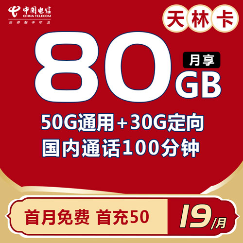 电信天林卡 19元包80G全国流量 100分钟通话 首月免费