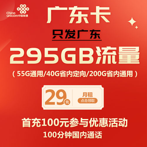 联通广东卡 30元295G+100分钟通话 只发广东